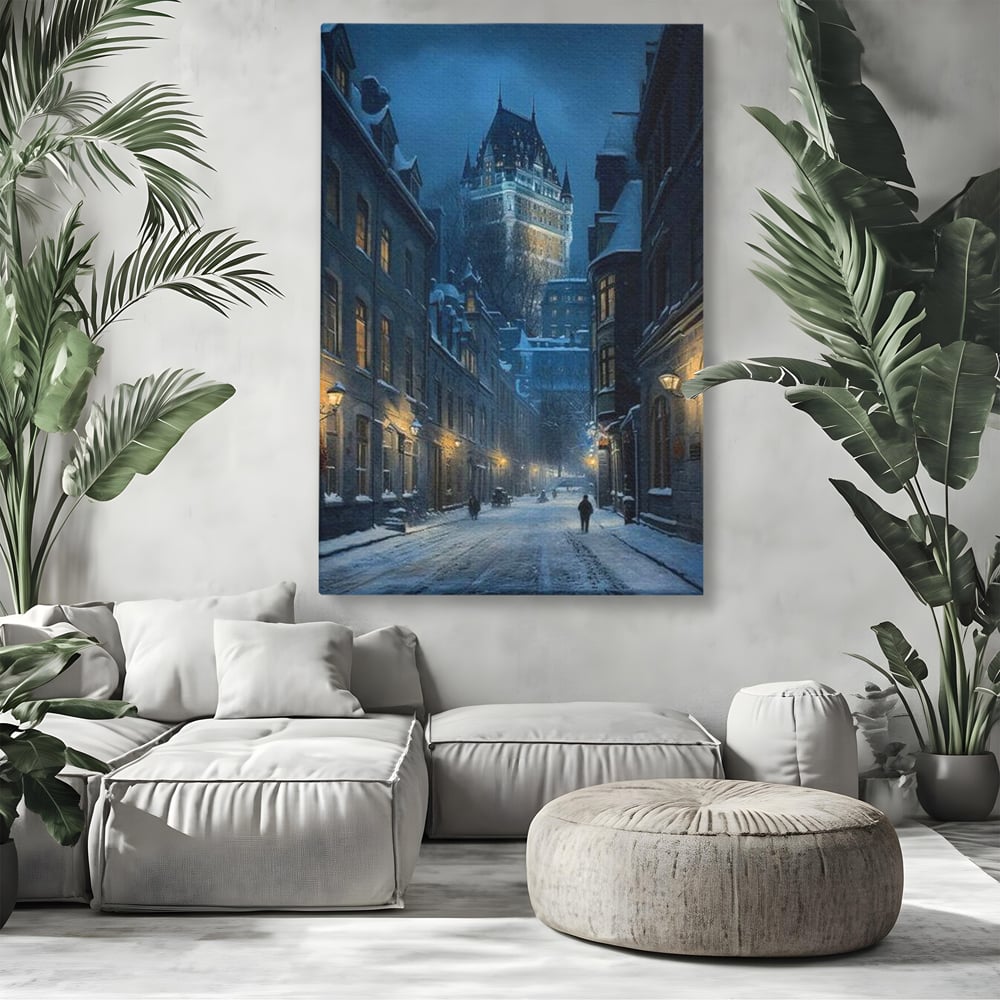 Tablou canvas cu tablou canvas cu strada iarna noaptea, fara rama, pe sasiu de lemn, pe perete intr-un living